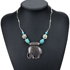 Bohemian Gypsy Silver Elephant Howlite Stone Pendant